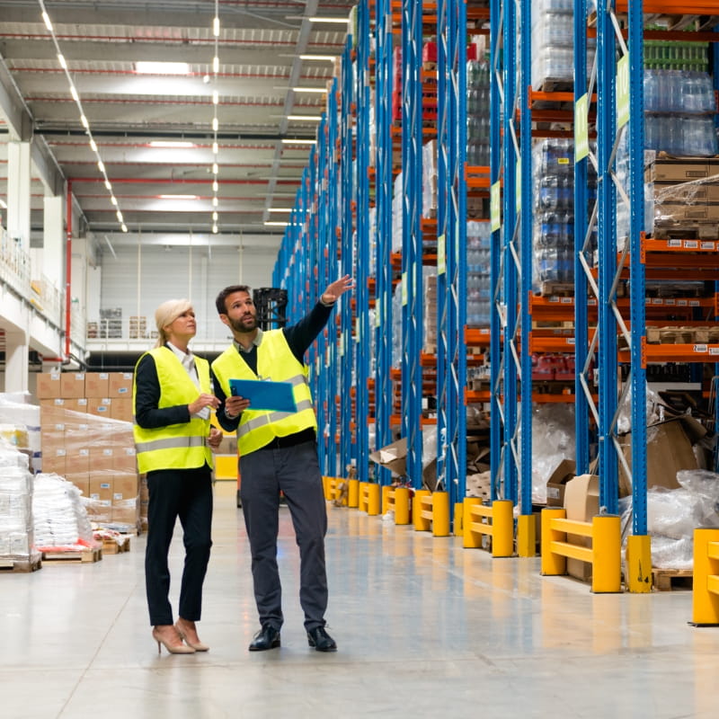 safety workers inspecting warehouse racking